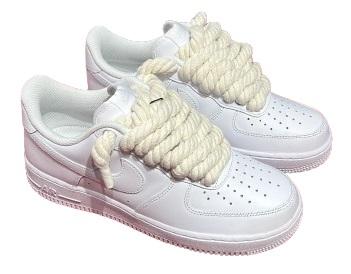 NIKE AIR FORCE 1 LOW TRIPLE WHITE CUSTOM ROPE LACES BEIGE